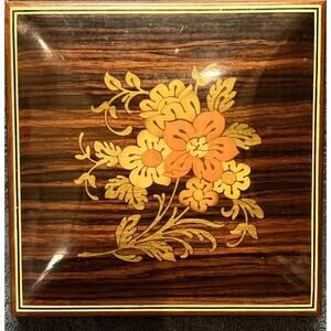 Vintage Reuge Inlaid Wood Flowers Music Box Plays Made In italy Jewerly Box Art